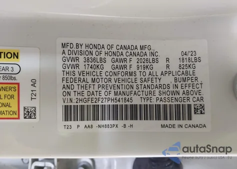 2023 Honda Civic Lx from USA, damaged, VIN 2HGFE2F27PH541845